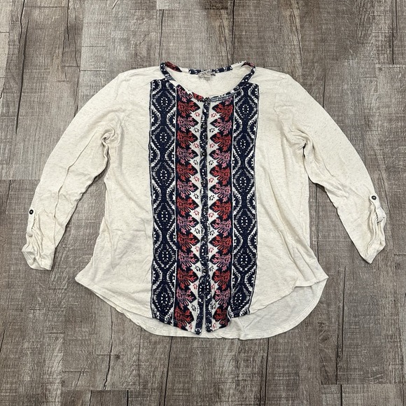 Lucky Brand‎ Womens L Boho Top Long Sleeve Cream Red Blue Hi Lo Relaxed Tab - Picture 1 of 9